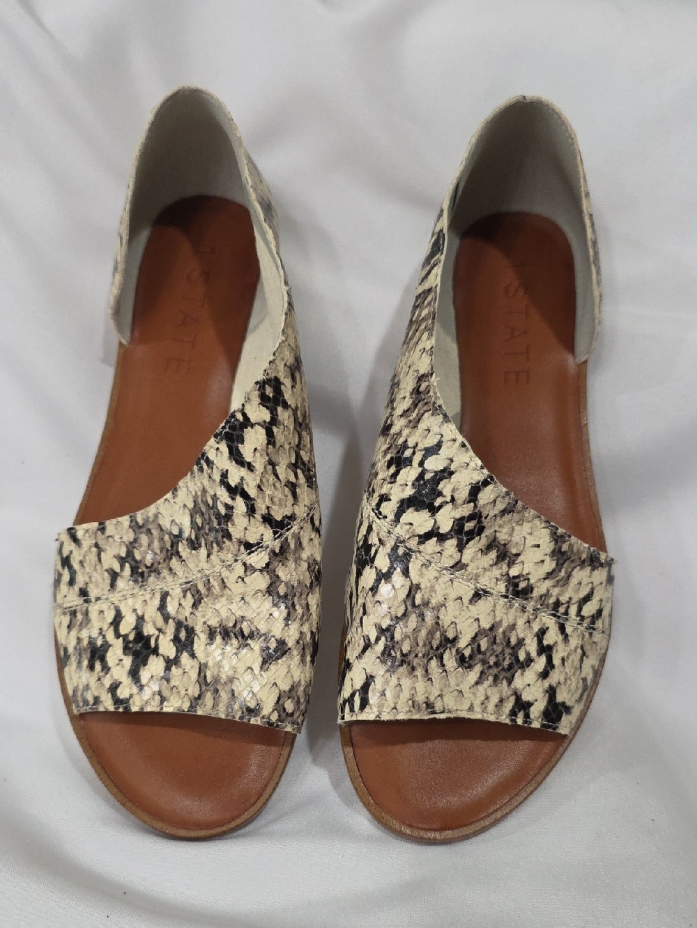 1. State Snake-Print D'Orsay Open-Toe Sandals in Cream and Black